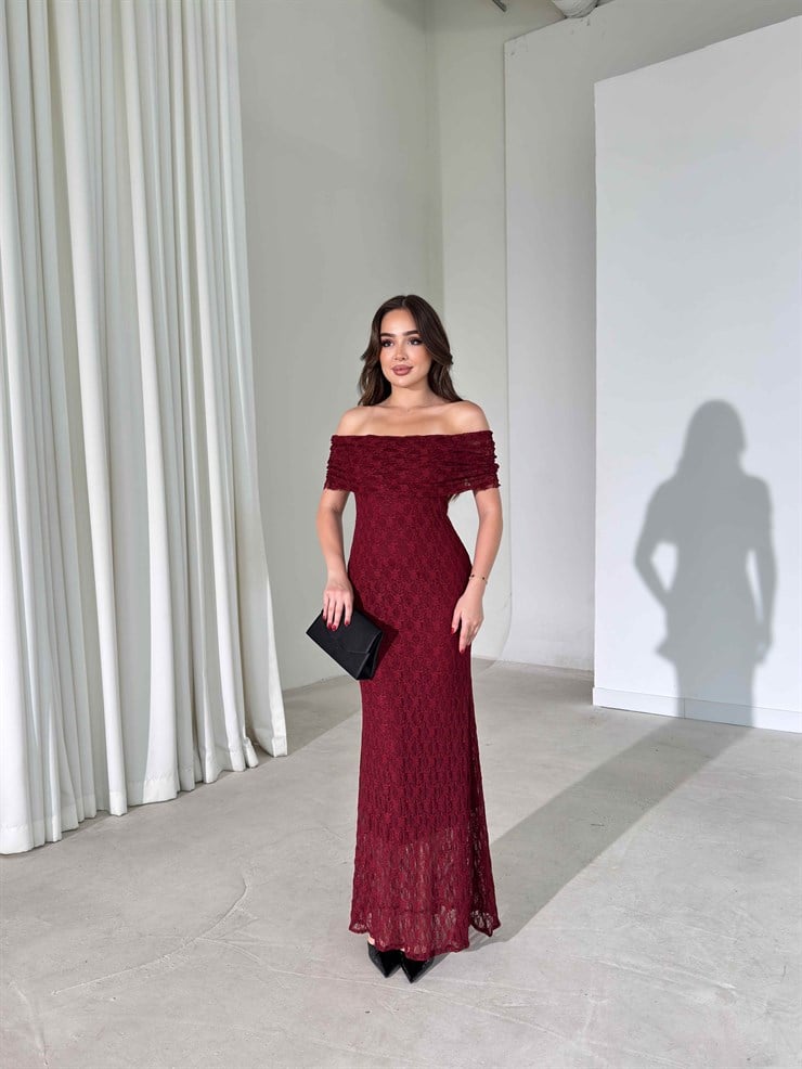 Madonna Yaka Dantelli Maxi Bordo Pavle Kadın Elbise 26Y392