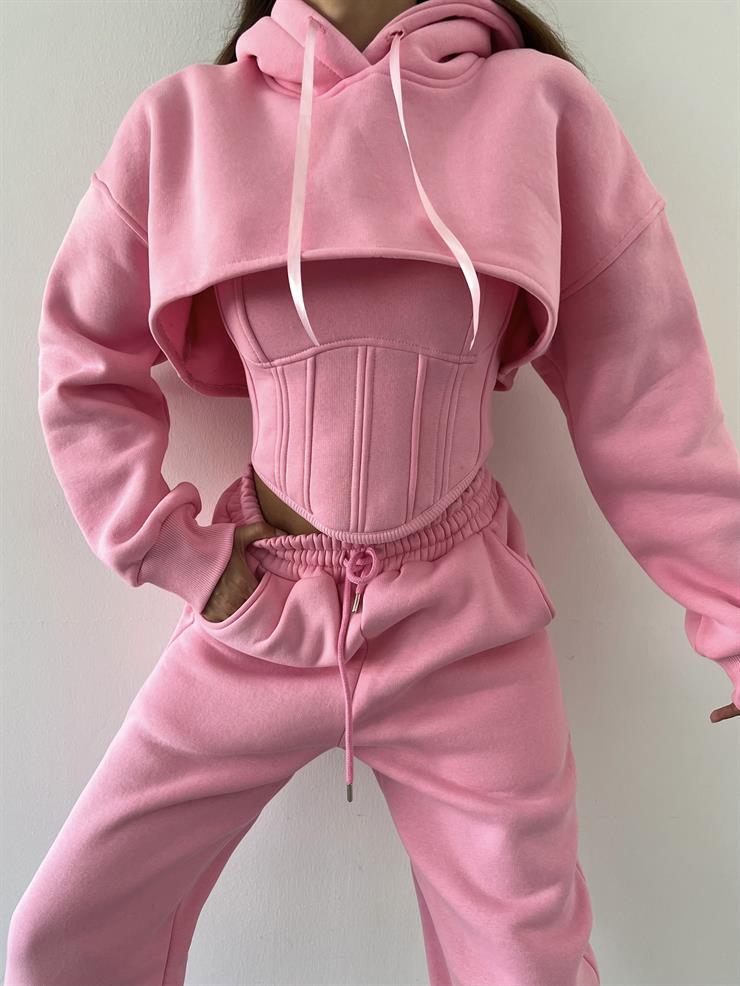 	Kapüşonlu Crop Sweat Kalın Askılı Korse Görünümlü Crop Beli Ve Paçası Lastikli Eşofman Altı Pavlik Kadın Pembe Üçlü Takım 23K000464