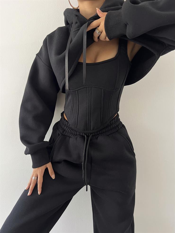 Kapüşonlu Crop Sweat Kalın Askılı Korse Görünümlü Crop Beli Ve Paçası Lastikli Eşofman Altı Pavlik Kadın Siyah Üçlü Takım 23K000464