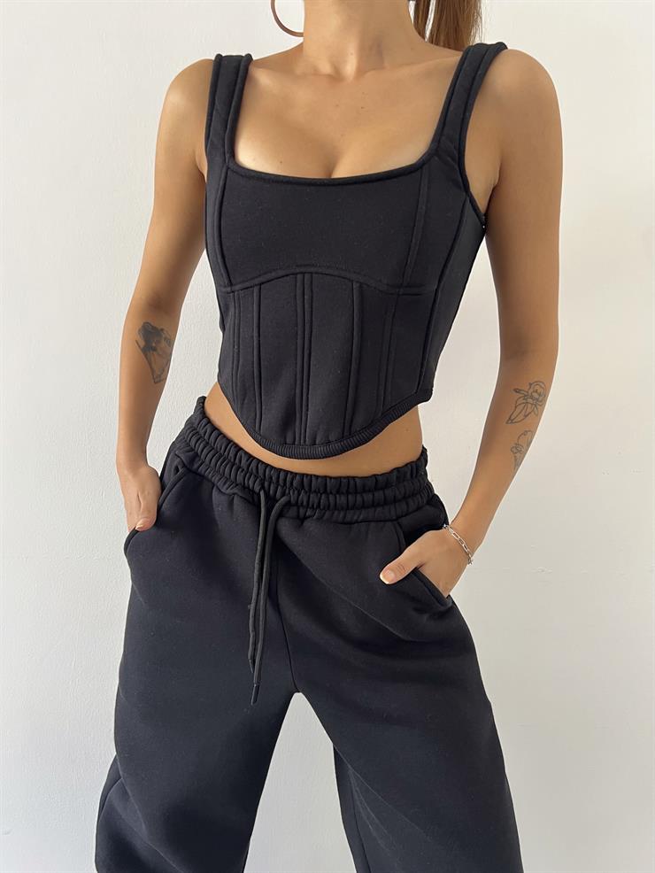 Kapüşonlu Crop Sweat Kalın Askılı Korse Görünümlü Crop Beli Ve Paçası Lastikli Eşofman Altı Pavlik Kadın Siyah Üçlü Takım 23K000464