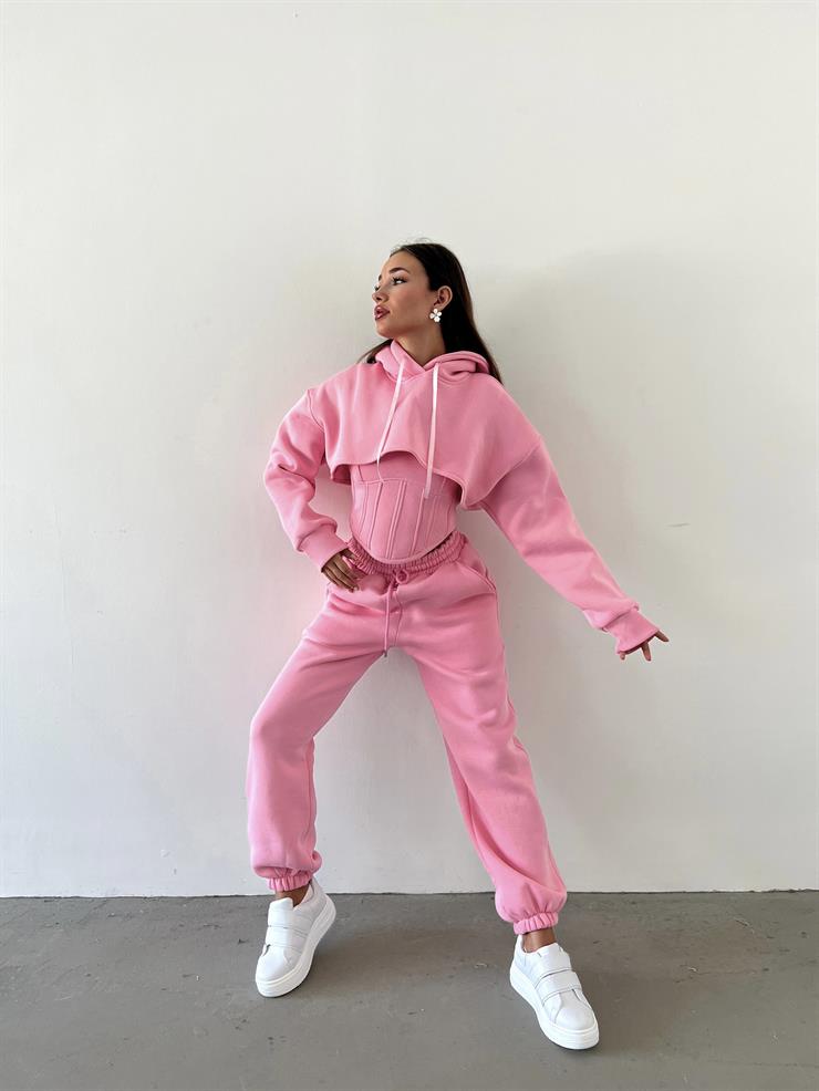 	Kapüşonlu Crop Sweat Kalın Askılı Korse Görünümlü Crop Beli Ve Paçası Lastikli Eşofman Altı Pavlik Kadın Pembe Üçlü Takım 23K000464