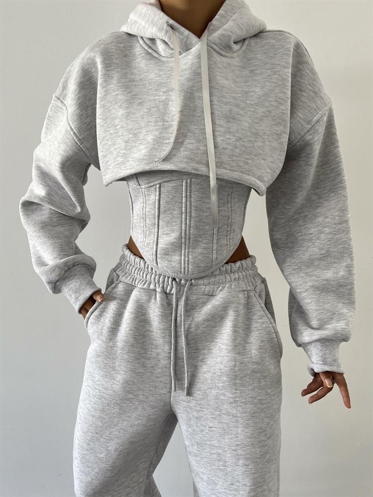 Kapüşonlu Crop Sweat Kalın Askılı Korse Görünümlü Crop Beli Ve Paçası Lastikli Eşofman Altı Pavlik Kadın Gri Üçlü Takım 23K000464