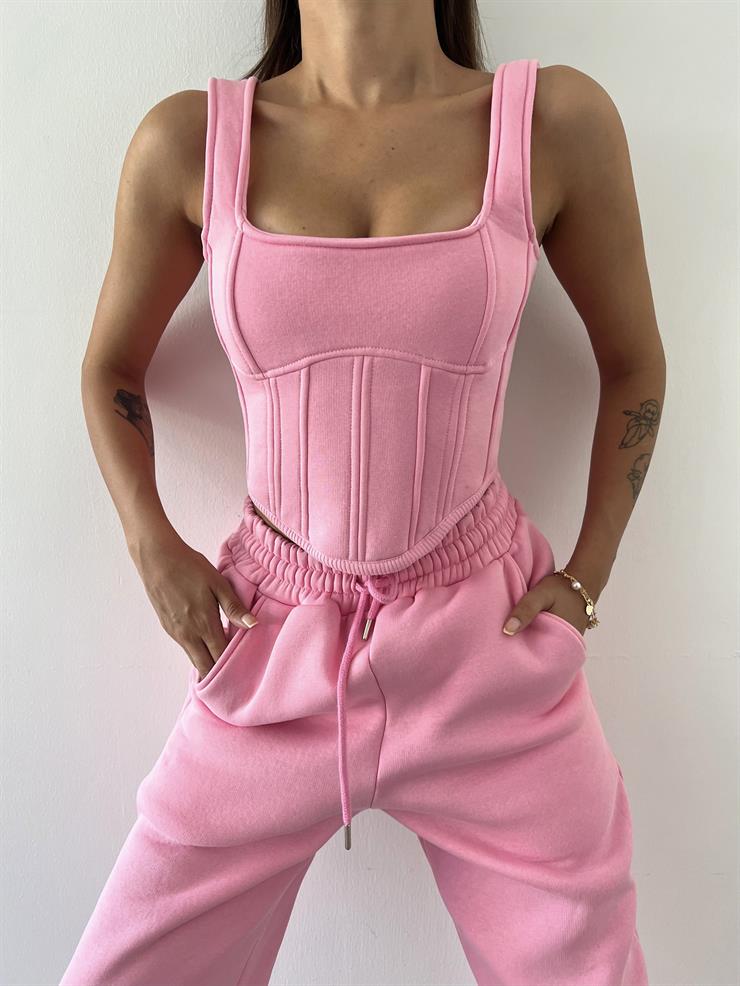 	Kapüşonlu Crop Sweat Kalın Askılı Korse Görünümlü Crop Beli Ve Paçası Lastikli Eşofman Altı Pavlik Kadın Pembe Üçlü Takım 23K000464