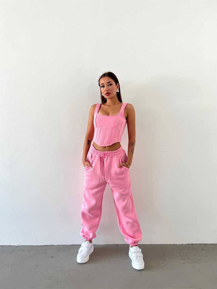 	Kapüşonlu Crop Sweat Kalın Askılı Korse Görünümlü Crop Beli Ve Paçası Lastikli Eşofman Altı Pavlik Kadın Pembe Üçlü Takım 23K000464