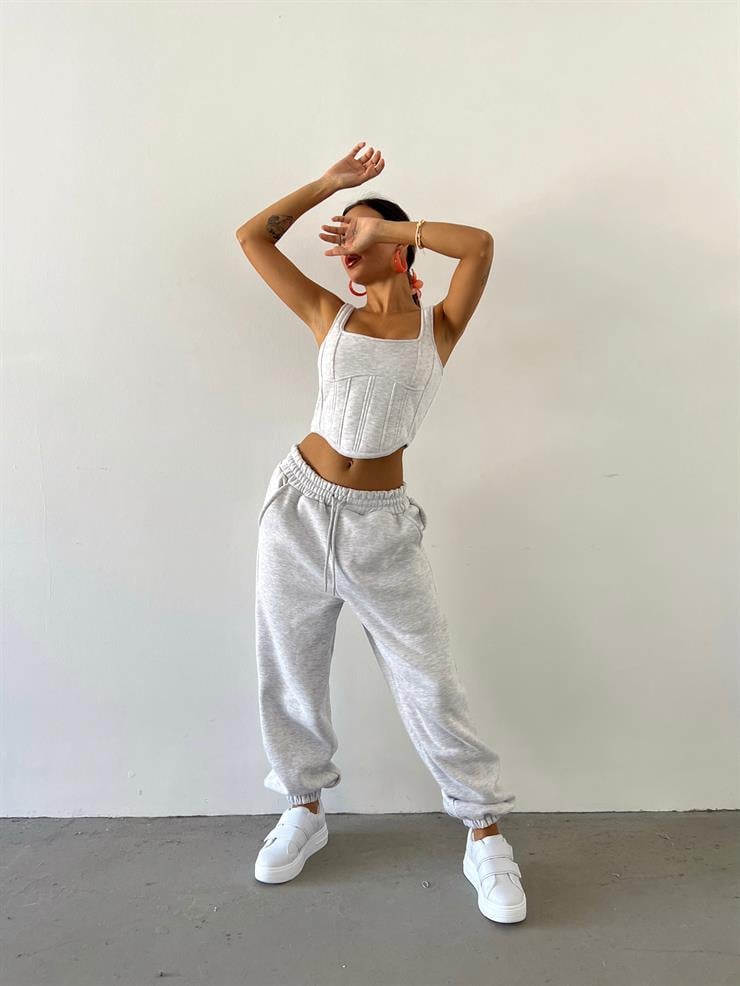 Kapüşonlu Crop Sweat Kalın Askılı Korse Görünümlü Crop Beli Ve Paçası Lastikli Eşofman Altı Pavlik Kadın Gri Üçlü Takım 23K000464
