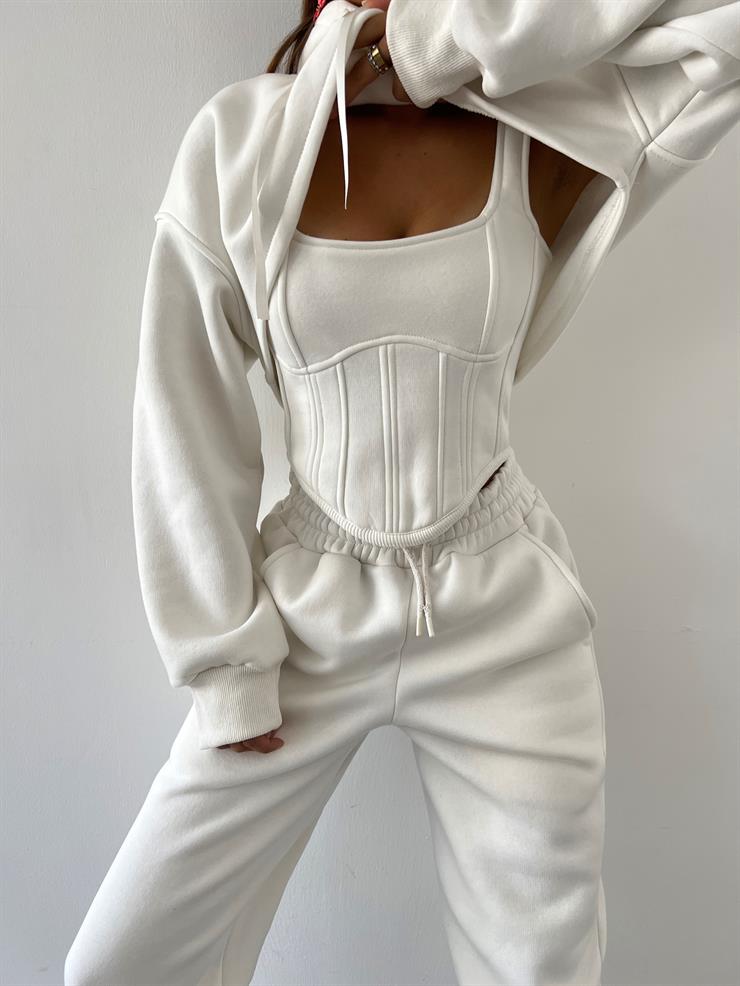 	Kapüşonlu Crop Sweat Kalın Askılı Korse Görünümlü Crop Beli Ve Paçası Lastikli Eşofman Altı Pavlik Kadın Ekru Üçlü Takım 23K000464
