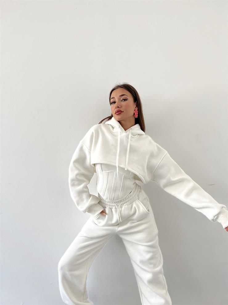 	Kapüşonlu Crop Sweat Kalın Askılı Korse Görünümlü Crop Beli Ve Paçası Lastikli Eşofman Altı Pavlik Kadın Ekru Üçlü Takım 23K000464