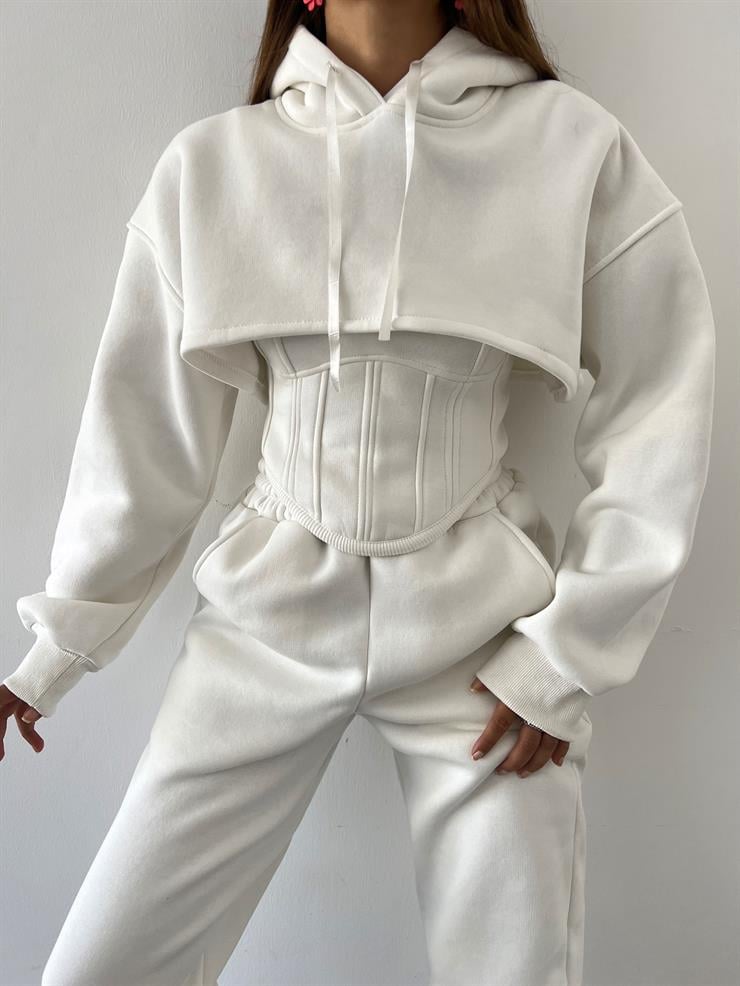 	Kapüşonlu Crop Sweat Kalın Askılı Korse Görünümlü Crop Beli Ve Paçası Lastikli Eşofman Altı Pavlik Kadın Ekru Üçlü Takım 23K000464