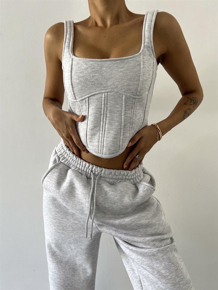 Kapüşonlu Crop Sweat Kalın Askılı Korse Görünümlü Crop Beli Ve Paçası Lastikli Eşofman Altı Pavlik Kadın Gri Üçlü Takım 23K000464