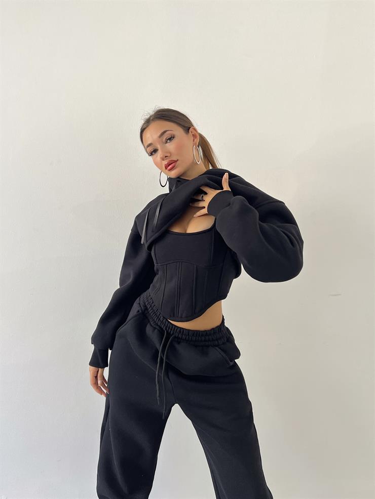 Kapüşonlu Crop Sweat Kalın Askılı Korse Görünümlü Crop Beli Ve Paçası Lastikli Eşofman Altı Pavlik Kadın Siyah Üçlü Takım 23K000464