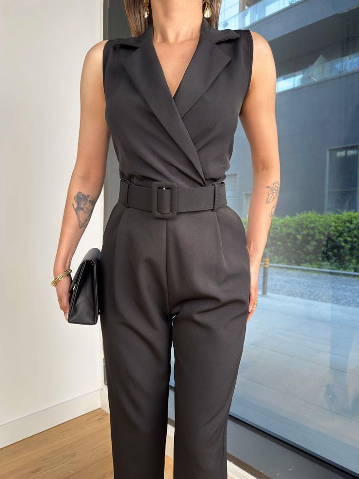 Kruvaze Yaka Beli Kemerli Paydan Siyah Kadın Tulum 25Y293