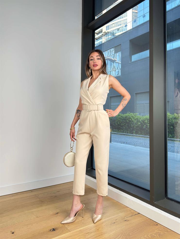 Kruvaze Yaka Beli Kemerli Paydan Taş Kadın Tulum 25Y293