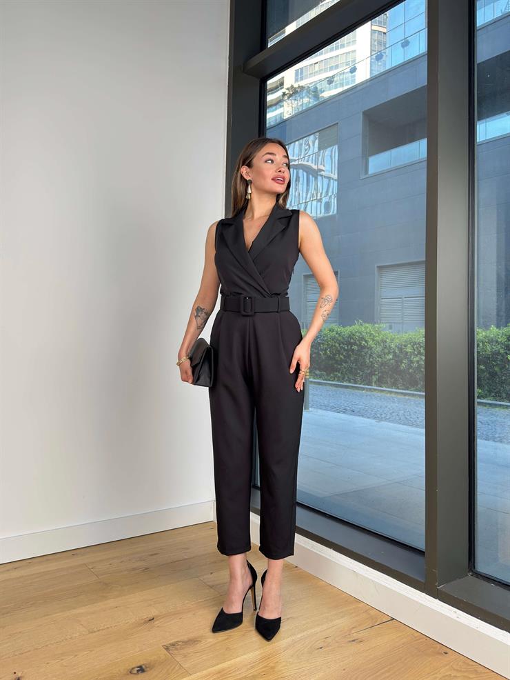 Kruvaze Yaka Beli Kemerli Paydan Siyah Kadın Tulum 25Y293