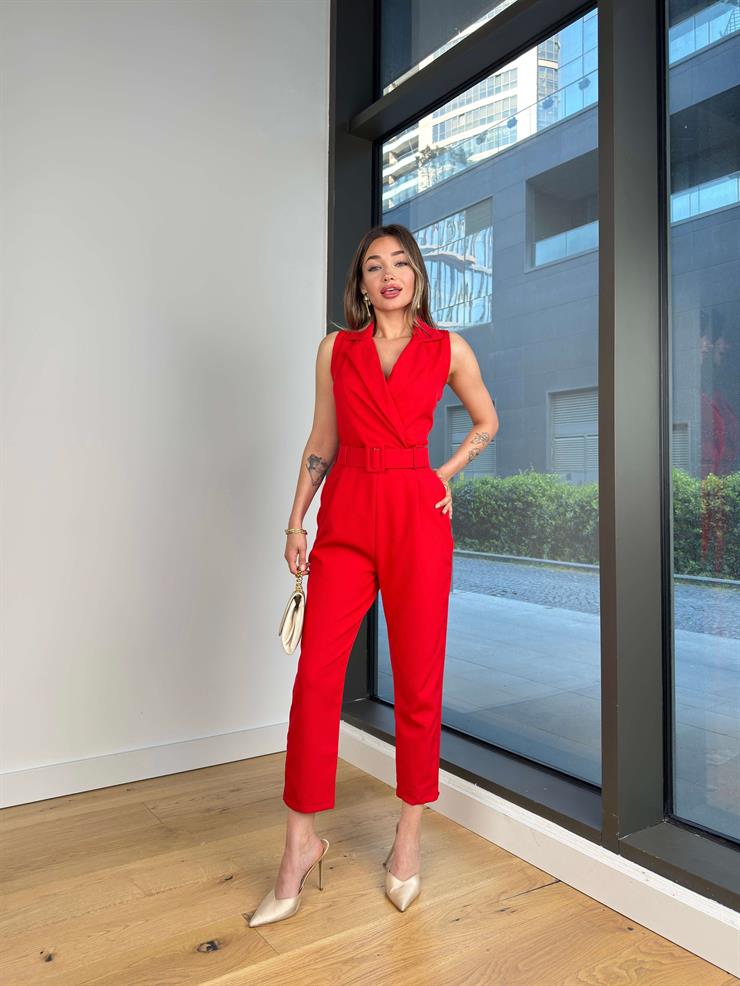 Kruvaze Yaka Beli Kemerli Paydan Kırmızı Kadın Tulum 25Y293