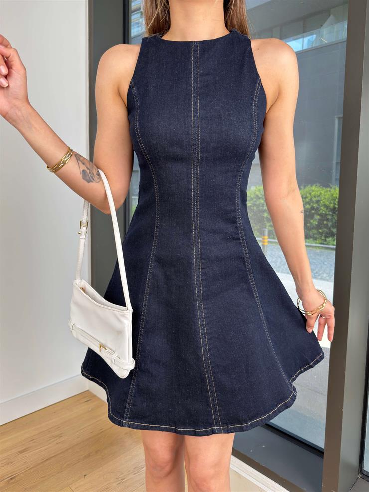 Kolsuz Paylen Lacivert Kadın Mini Elbise 25Y292