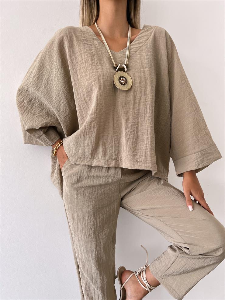 V Yaka Uzun Kollu Oversize Bluz Havuç Pantolon Pedro Kadın Vizon Takım 23Y000410