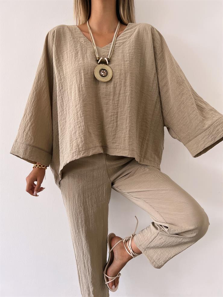 V Yaka Uzun Kollu Oversize Bluz Havuç Pantolon Pedro Kadın Vizon Takım 23Y000410