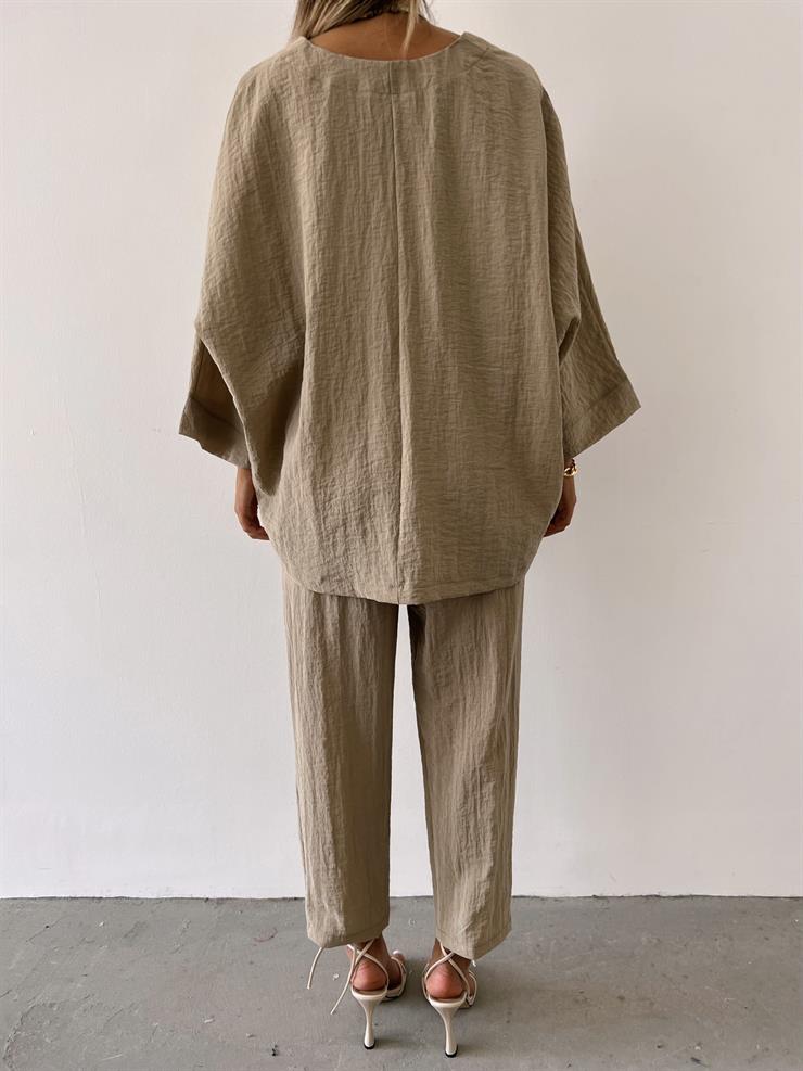 V Yaka Uzun Kollu Oversize Bluz Havuç Pantolon Pedro Kadın Vizon Takım 23Y000410