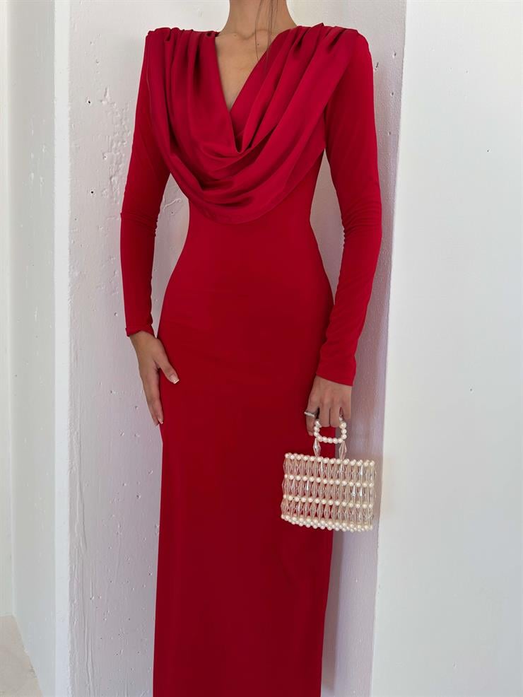 Degaje Yaka Omzu Vatkalı Peldire Kırmızı Kadın Elbise 26K103