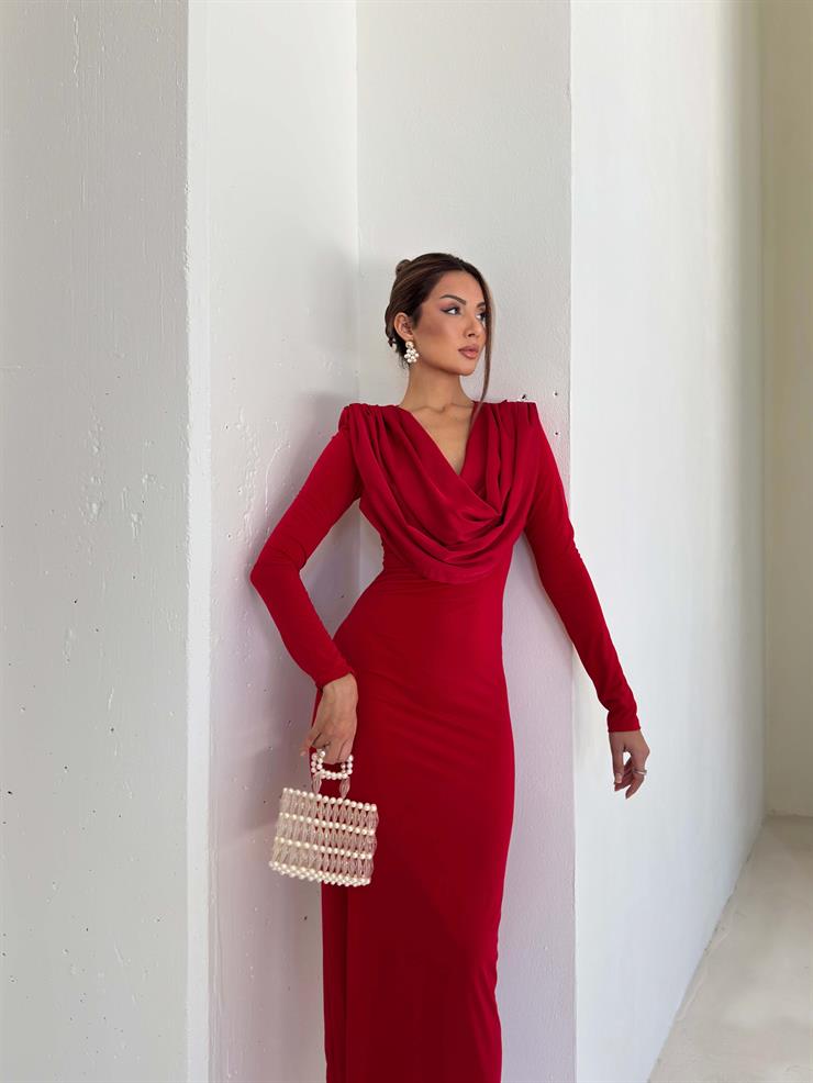 Degaje Yaka Omzu Vatkalı Peldire Kırmızı Kadın Elbise 26K103