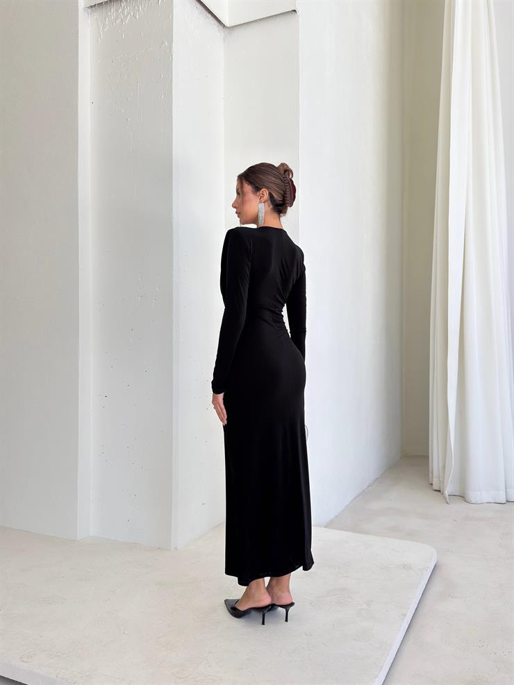 Degaje Yaka Omzu Vatkalı Peldire Siyah Kadın Elbise 26K103