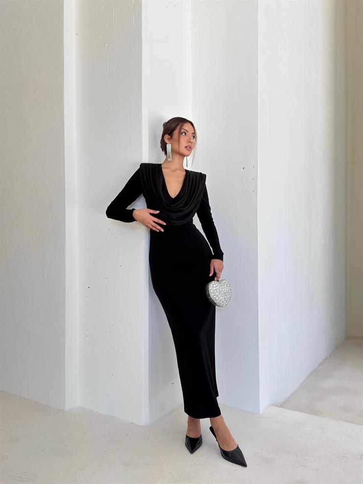 Degaje Yaka Omzu Vatkalı Peldire Siyah Kadın Elbise 26K103