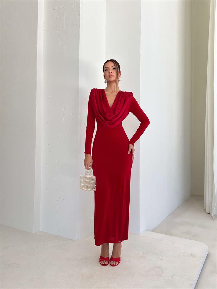 Degaje Yaka Omzu Vatkalı Peldire Kırmızı Kadın Elbise 26K103