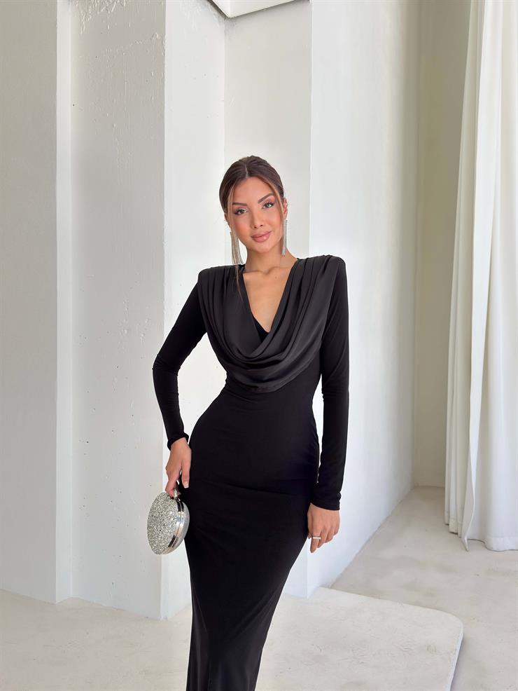 Degaje Yaka Omzu Vatkalı Peldire Siyah Kadın Elbise 26K103