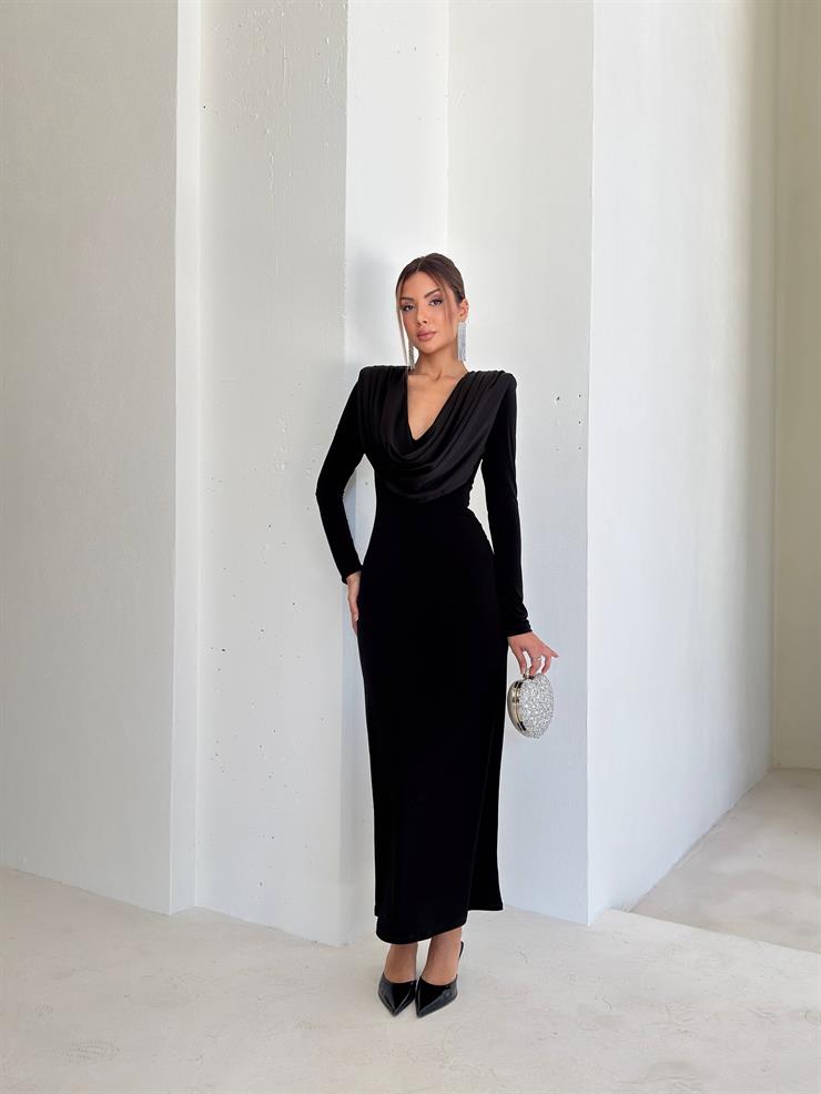 Degaje Yaka Omzu Vatkalı Peldire Siyah Kadın Elbise 26K103