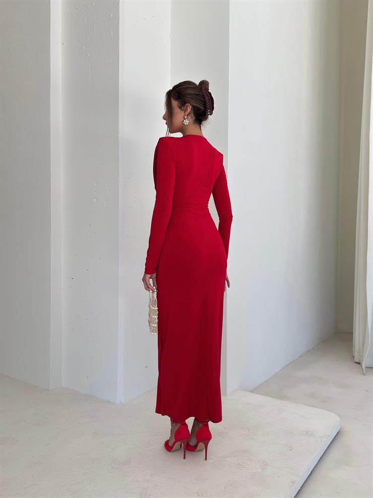 Degaje Yaka Omzu Vatkalı Peldire Kırmızı Kadın Elbise 26K103