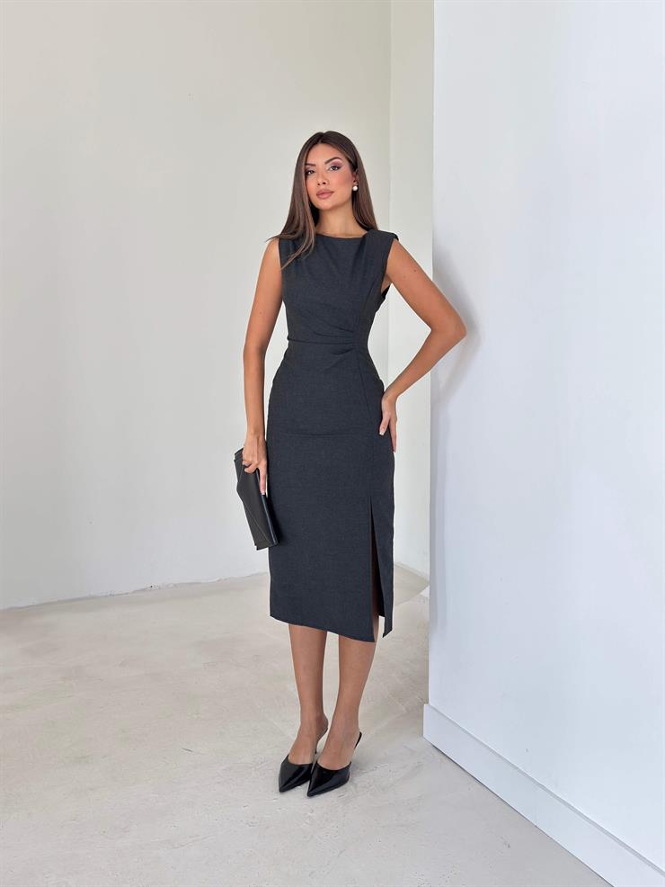 Kolsuz Eteği Yırtmaçlı Pelinda Antrasit Kadın Midi Elbise 25Y133