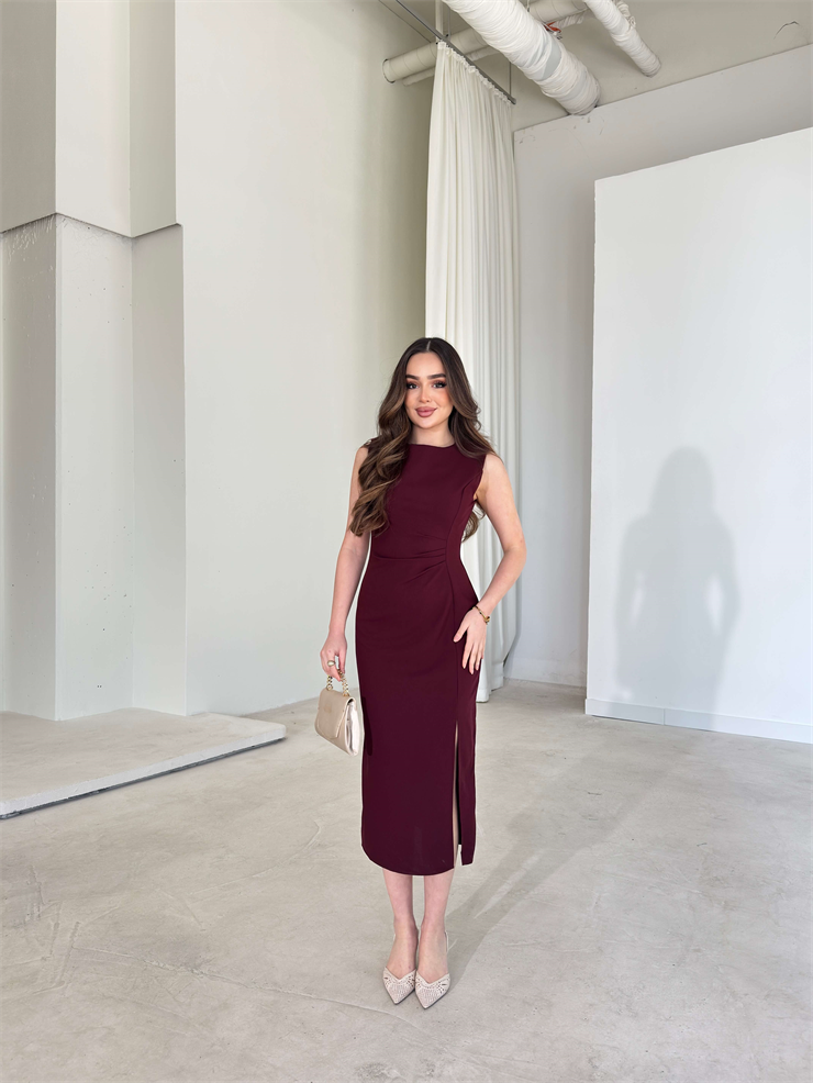 Kolsuz Eteği Yırtmaçlı Pelinda Bordo Kadın Midi Elbise 25Y133