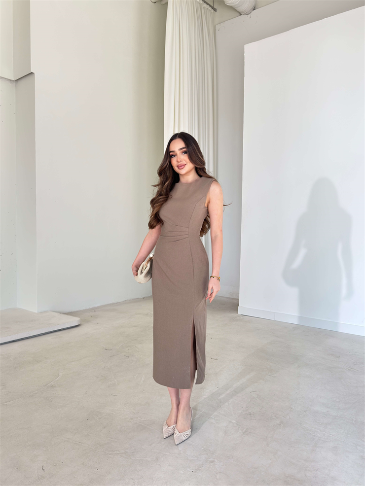 Kolsuz Eteği Yırtmaçlı Pelinda Vizon Kadın Midi Elbise 25Y133