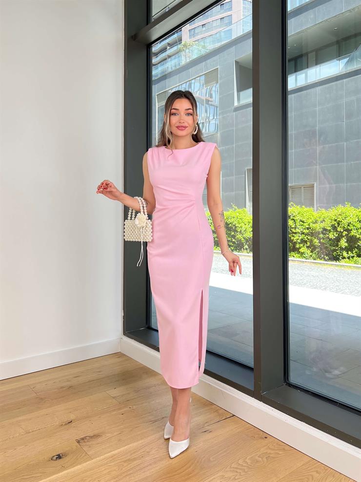 Kolsuz Eteği Yırtmaçlı Pelinda Pembe Kadın Midi Elbise 25Y133