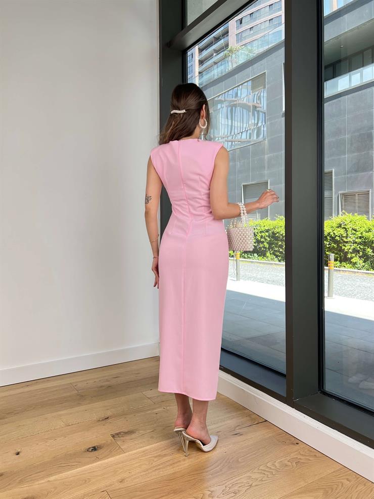 Kolsuz Eteği Yırtmaçlı Pelinda Pembe Kadın Midi Elbise 25Y133