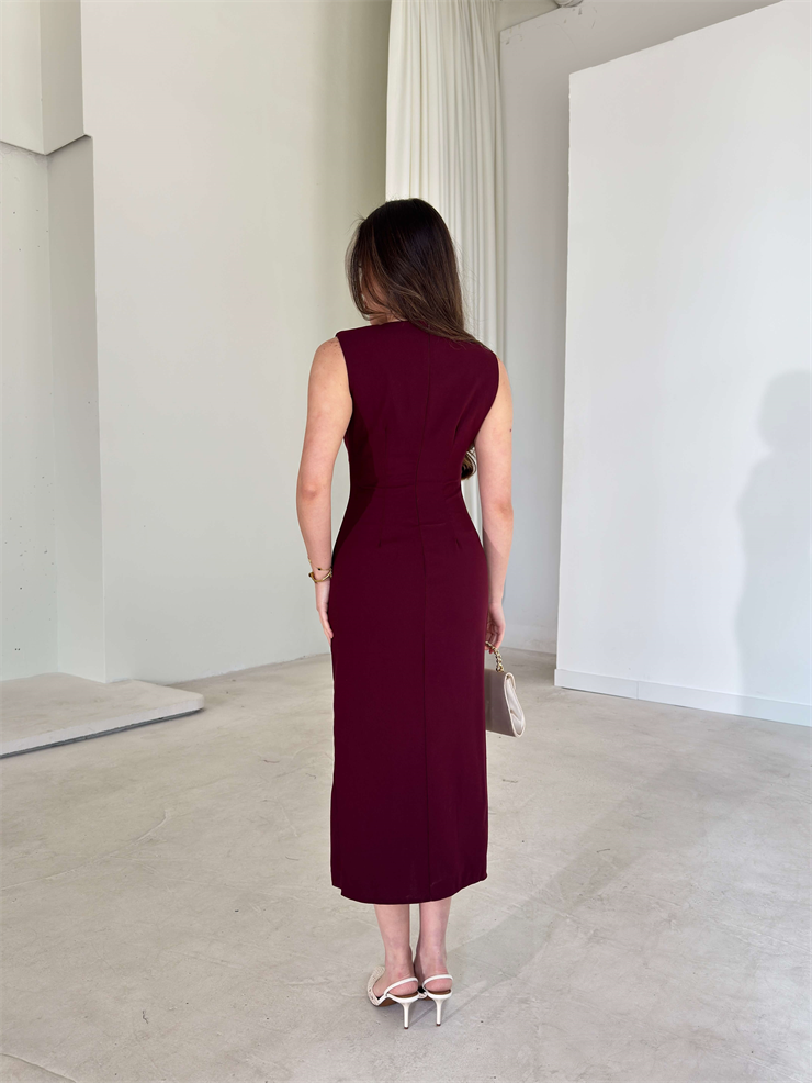 Kolsuz Eteği Yırtmaçlı Pelinda Bordo Kadın Midi Elbise 25Y133