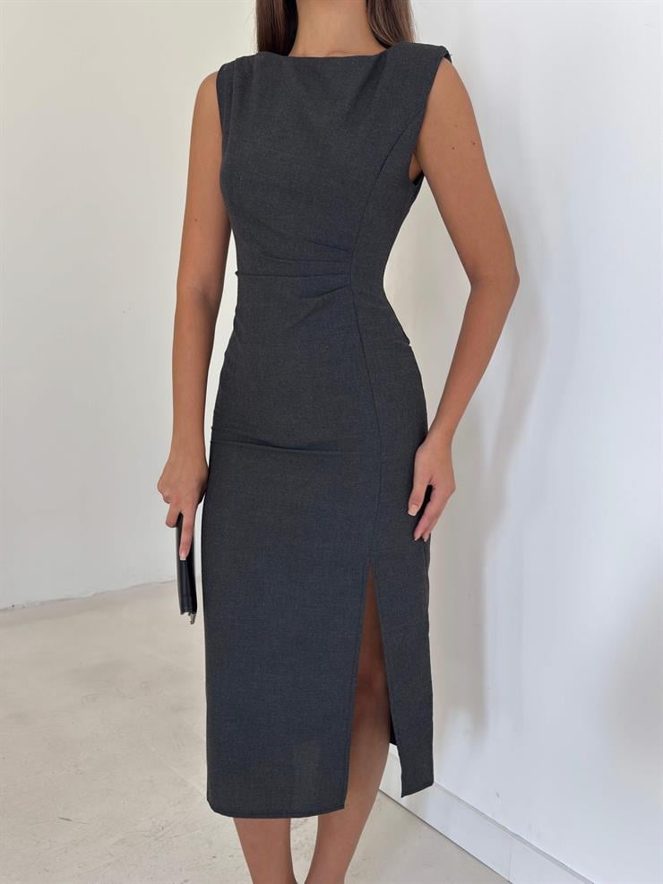 Kolsuz Eteği Yırtmaçlı Pelinda Antrasit Kadın Midi Elbise 25Y133