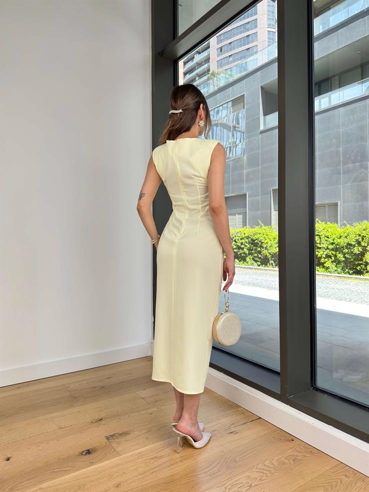 Kolsuz Eteği Yırtmaçlı Pelinda Sarı Kadın Midi Elbise 25Y133