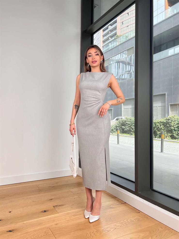 Kolsuz Eteği Yırtmaçlı Pelinda Gri Kadın Midi Elbise 25Y133