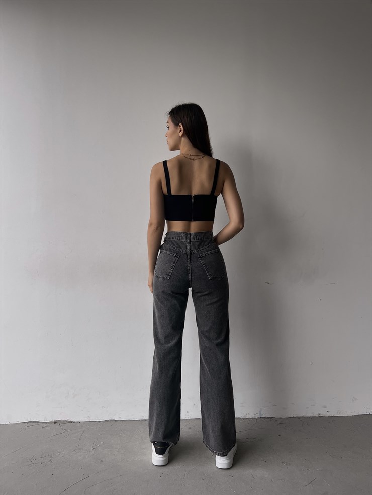 Yüksek Bel Pencere Detaylı Uzun Geniş Paça Jean 21Y000224