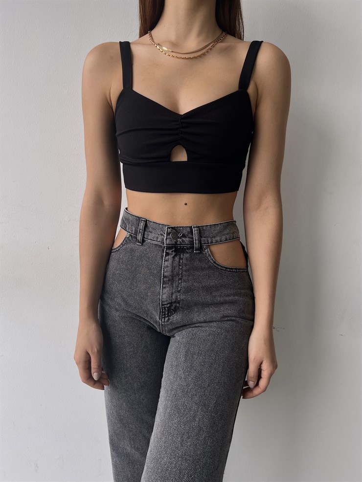 Yüksek Bel Pencere Detaylı Uzun Geniş Paça Jean 21Y000224