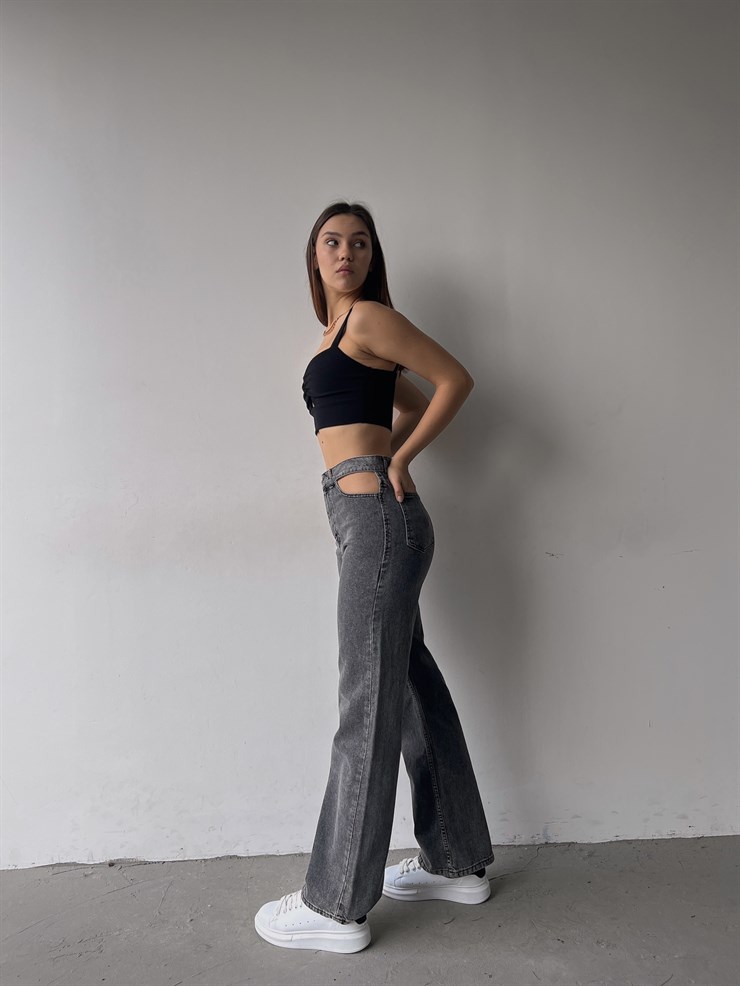 Yüksek Bel Pencere Detaylı Uzun Geniş Paça Jean 21Y000224