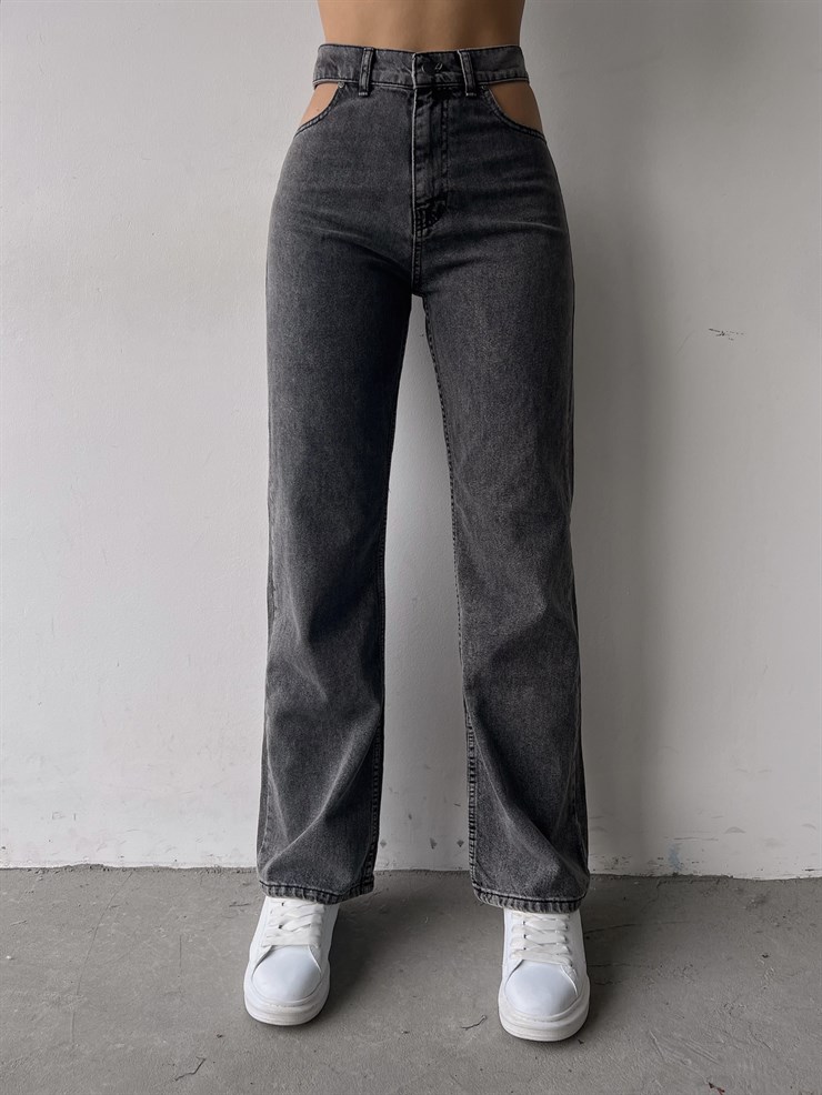 Yüksek Bel Pencere Detaylı Uzun Geniş Paça Jean 21Y000224