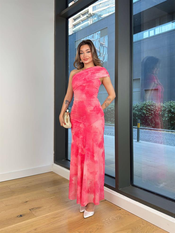 Tek Omuz Drapeli Penken Desenli Pembe Kadın Elbise 25Y496