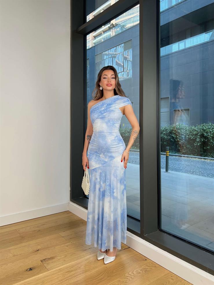 Tek Omuz Drapeli Penken Desenli Mavi Kadın Elbise 25Y496