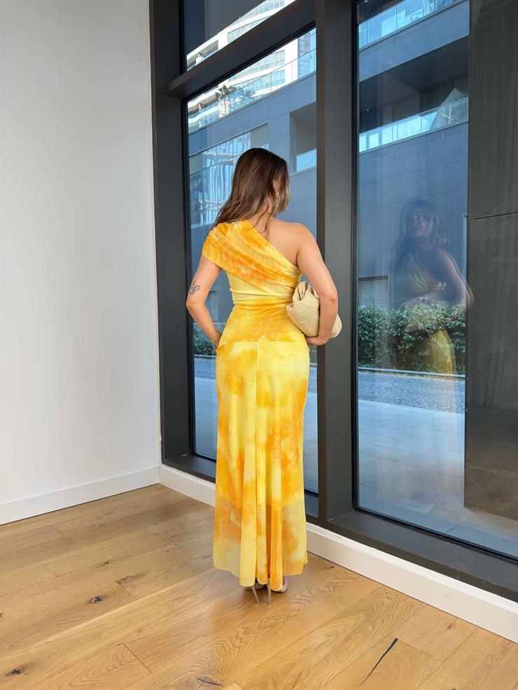 Tek Omuz Drapeli Penken Desenli Sarı Kadın Elbise 25Y496