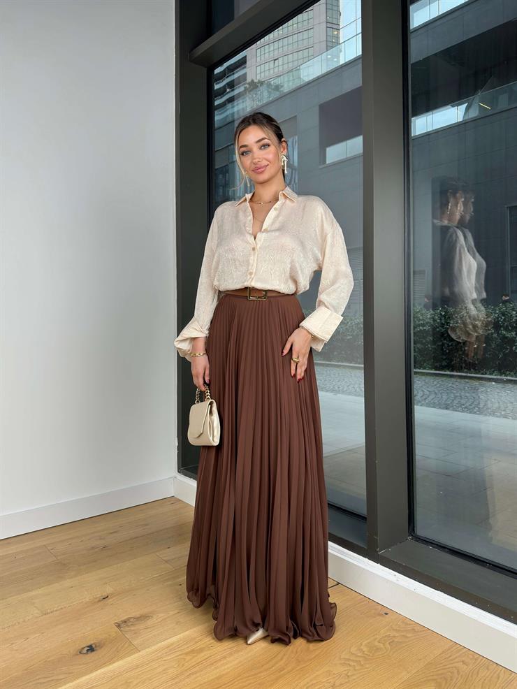 Yüksek Bel Pileli Peralt Kahve Kadın Uzun Etek 25Y043