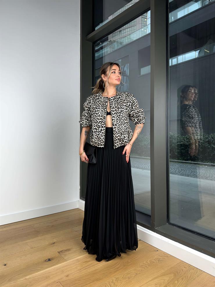 Yüksek Bel Pileli Peralt Siyah Kadın Uzun Etek 25Y043