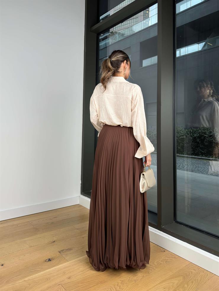 Yüksek Bel Pileli Peralt Kahve Kadın Uzun Etek 25Y043