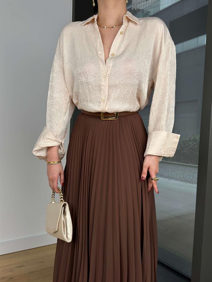 Yüksek Bel Pileli Peralt Kahve Kadın Uzun Etek 25Y043